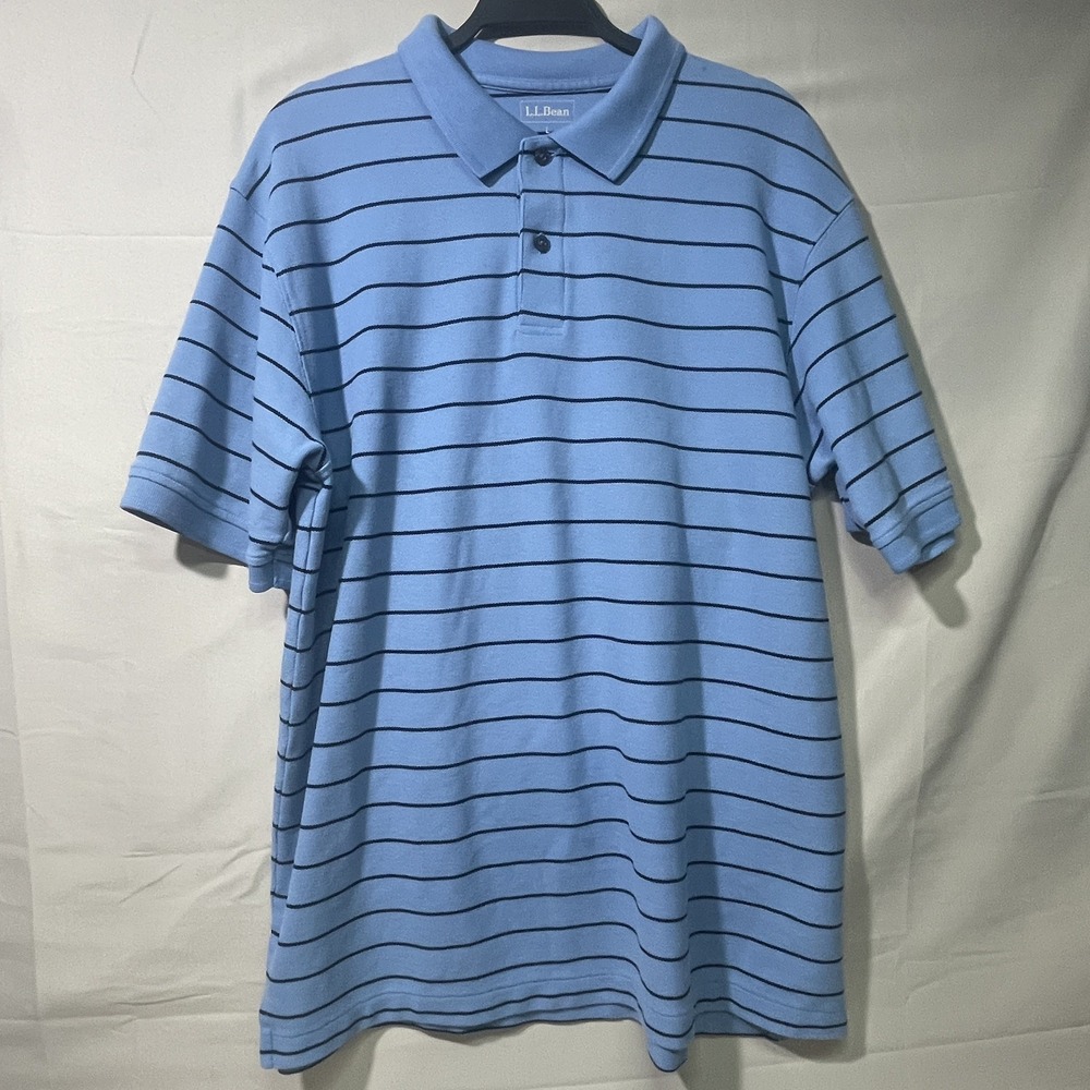 L.L.Bean Striped Polo Shirt Light Blue Short Sleeve Mens Size Large